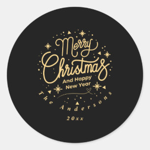 Merry Christmas Happy New Year Modern Green Gold  Classic Round Sticker