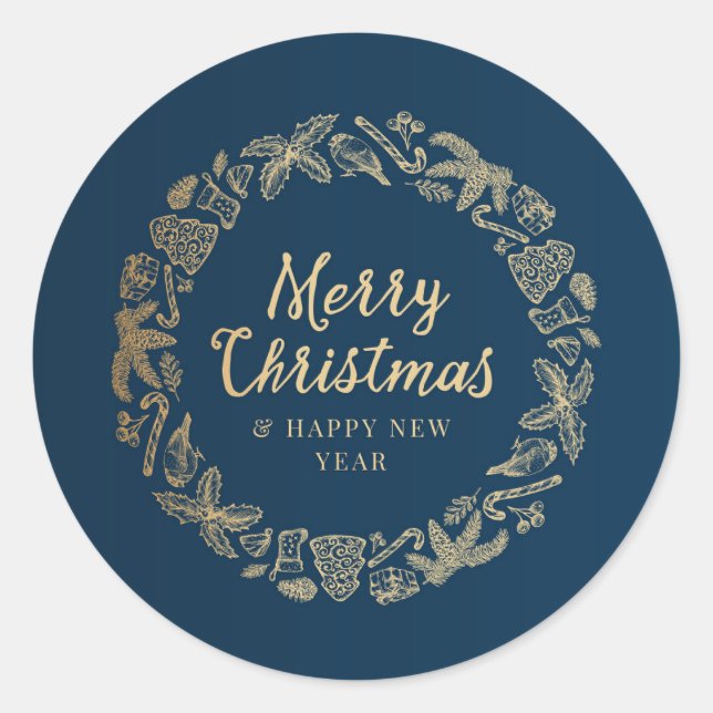 Merry Christmas & Happy New Year monochrome Classic Round Sticker (Front)