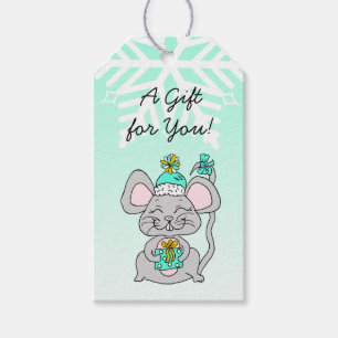 Merry Christmas Happy New Year Mouse with Gift Gift Tags