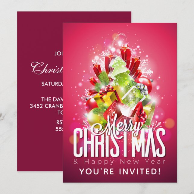 Merry Christmas Happy New Year Presents & Tree Invitation (Front/Back)