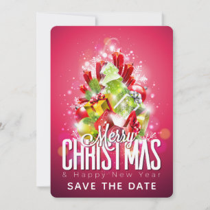 Merry Christmas Happy New Year Presents & Tree Save The Date