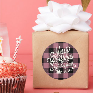 Merry Christmas Happy New Year Purple Check Classic Round Sticker