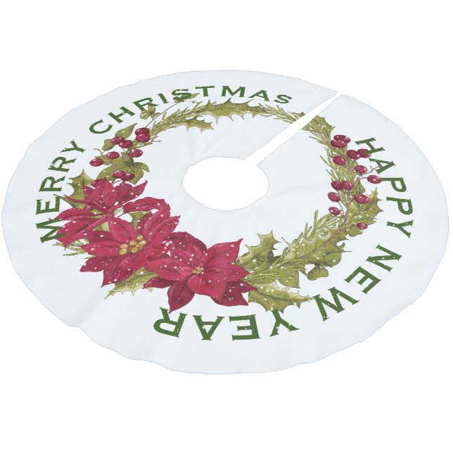 MERRY CHRISTMAS / HAPPY NEW YEAR, RED POINSETTIA  BRUSHED POLYESTER TREE SKIRT (Angled)