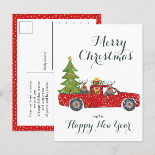Merry Christmas, Happy New Year Red Truck and Tree Holiday Postcard