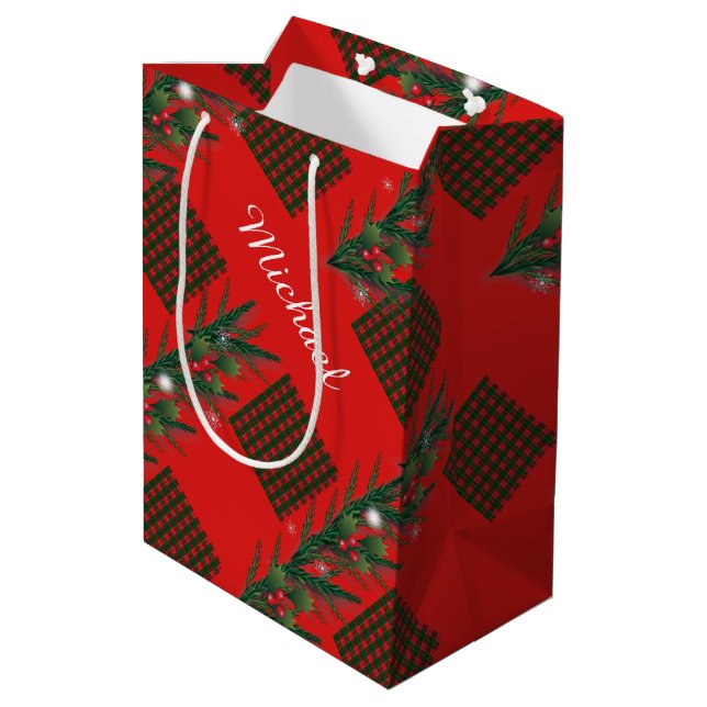 Merry Christmas & Happy New Year! Scotland Pattern Medium Gift Bag (Back Angled)