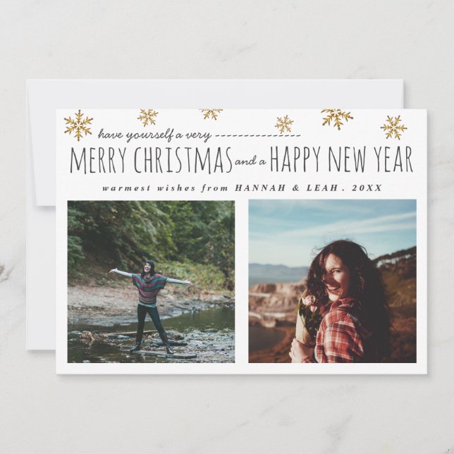 Merry Christmas & Happy New Year Script Two Photos Holiday Card (Front)