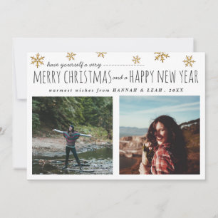 Merry Christmas & Happy New Year Script Two Photos Holiday Card