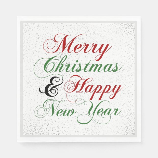 Merry Christmas Happy New Year Silver Glitter Napkin (Front)