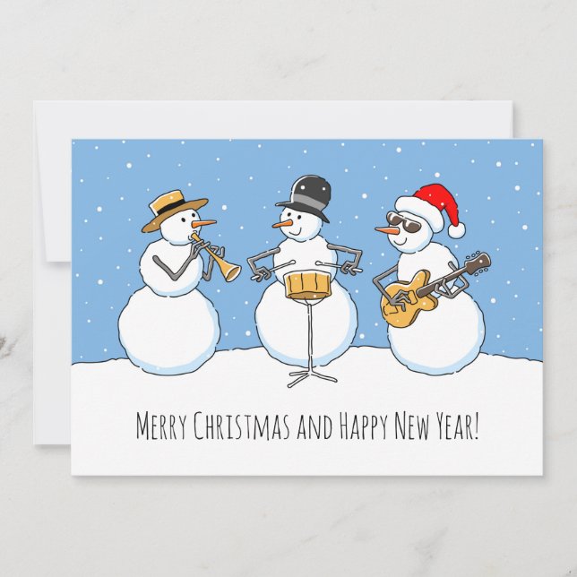 Merry Christmas Happy New Year Snowman Jazzband  Holiday Card (Front)