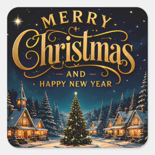 Merry Christmas Happy New Year Snowy Village Square Sticker