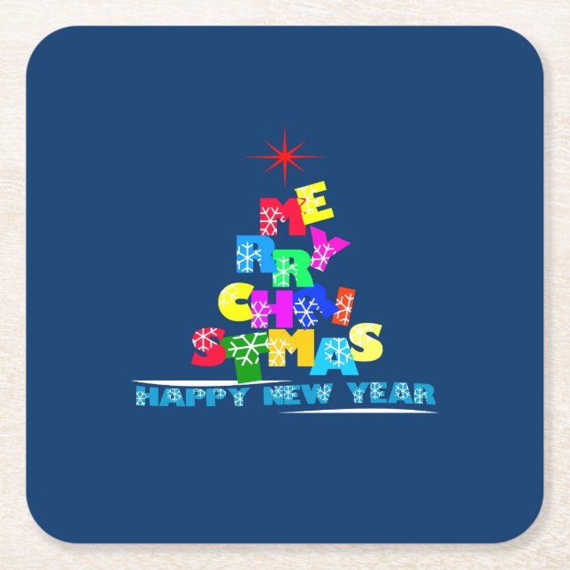 Merry Christmas Happy New Year Square Paper Coaster (Front)