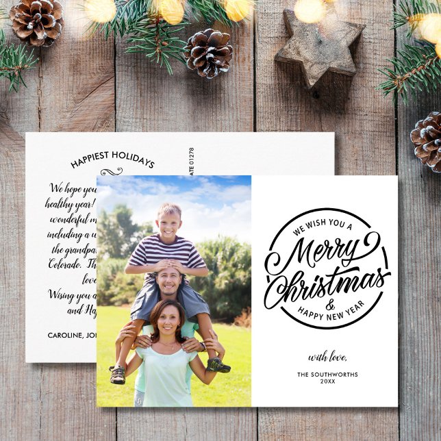 Merry Christmas Happy New Year Stamp Family Photo Postcard (Creator Uploaded)