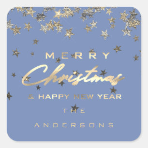 Merry Christmas Happy New Year Stars Blue Square Sticker