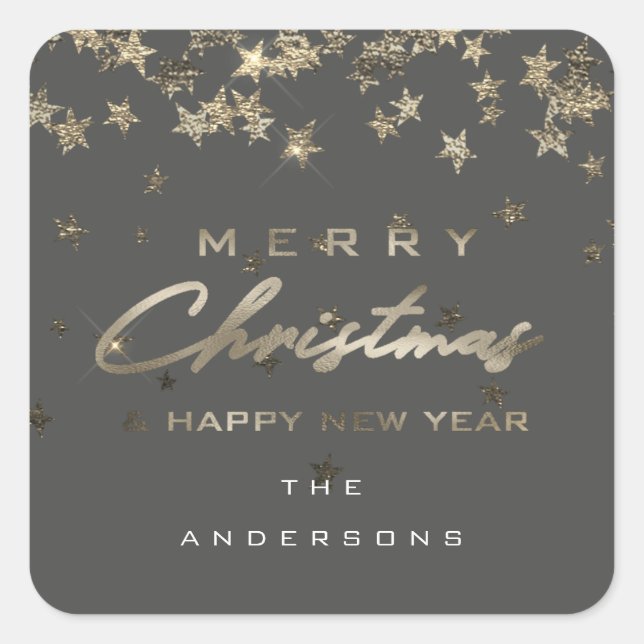 Merry Christmas Happy New Year Stars Grey Square Sticker (Front)
