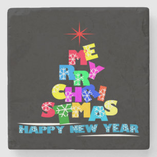 Merry Christmas Happy New Year Stone Coaster