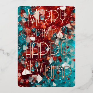Merry Christmas Happy New Year Teal Red Foil Holiday Card