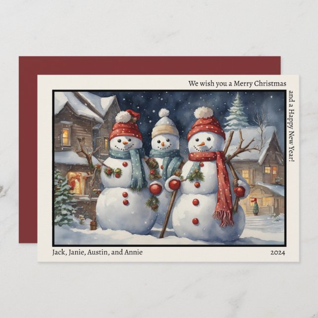 Merry Christmas Happy New Year Three Happy Snowmen Holiday Card (Front/Back)