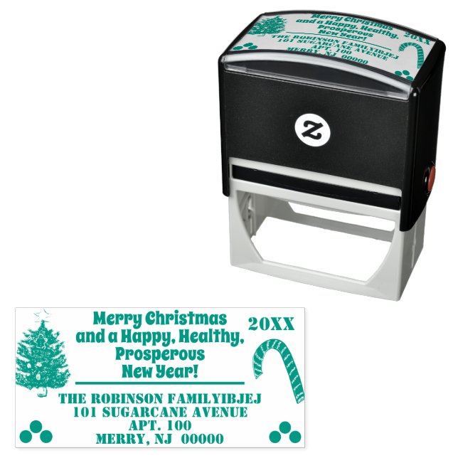 Merry Christmas Happy New Year Tree Candy Cane Self-inking Stamp (In Situ)