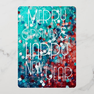 Merry Christmas Happy New Year Vibrant Teal Red Foil Holiday Card