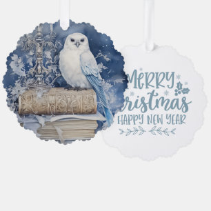 Merry Christmas Happy New Year White Owl Ornament Card