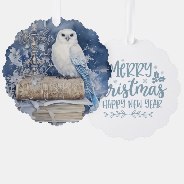 Merry Christmas Happy New Year White Owl Ornament Card (Front/Back)