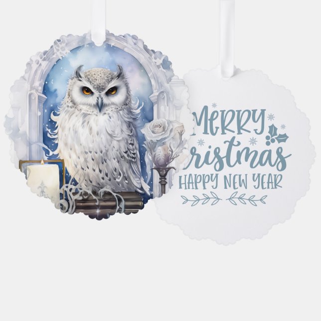 Merry Christmas Happy New Year White Owl Ornament Card (Front/Back)