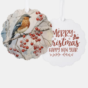 Merry Christmas Happy New Year Winter Robin  Ornament Card