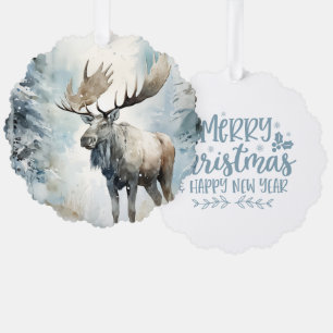 Merry Christmas Happy New Year Woodland Moose Ornament Card