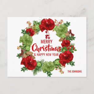Merry Christmas Happy New Year Wreath White Holiday Postcard