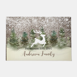 Merry Christmas happy reindeer in forest Farmhouse Doormat