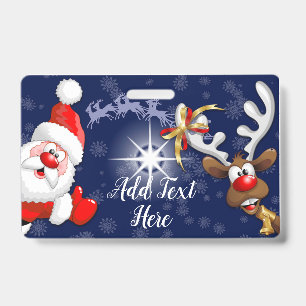 Merry Christmas Happy Santa and Reindeer Badge