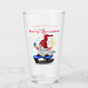 Merry Christmas - Happy Skater Gnome with Gifts Glass