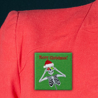 Merry Christmas Happy Skeleton Santa Hat Green 2 Inch Square Button