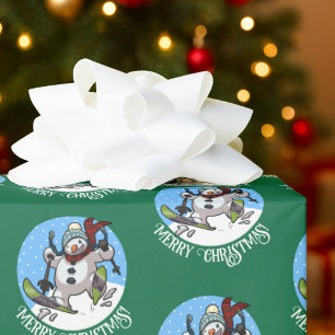 Merry Christmas Happy Skiing Snowman In Woolly Hat Wrapping Paper