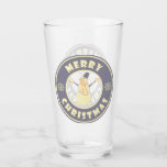 Merry Christmas happy snowman famous coffe style Glass<br><div class="desc">Famous coffe style logo with Merry Christmas typography</div>