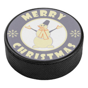 Merry Christmas happy snowman famous coffe style Hockey Puck