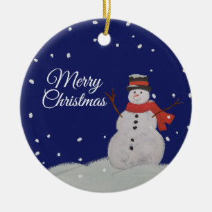 Merry Christmas Happy Snowman in the snow. Ceramic Ornament