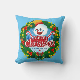 Merry Christmas Happy Snowman Wreath Throw Pillow