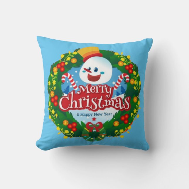 Merry Christmas Happy Snowman Wreath Throw Pillow (Front)