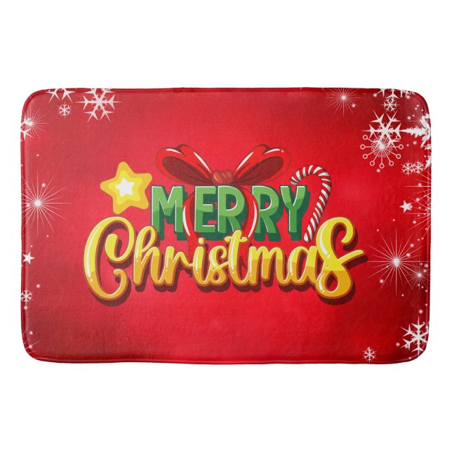 Merry Christmas Happy Xmas Red Green Holiday Fun Bath Mat (Front)