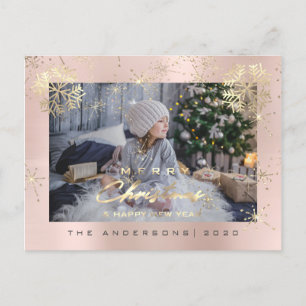 Merry Christmas Happy Year Gold Snow Rose Photo Postcard