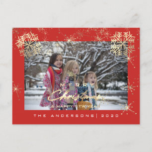 Merry Christmas Happy Year Gold Snowflakes Red Postcard