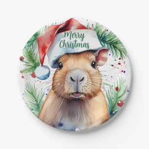 Merry Christmas Hat Festive Capybara - Paper Plate