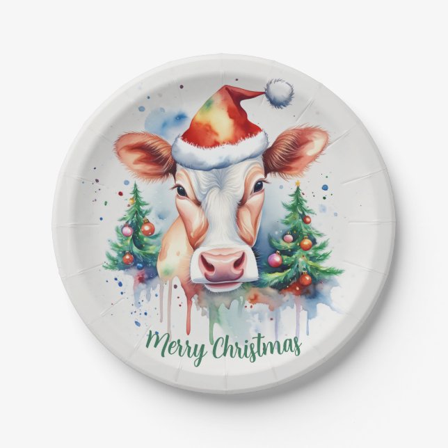 Merry Christmas Hat Festive Cow -  Paper Plate (Front)