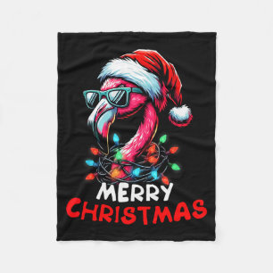 Merry Christmas Hat Santa Flamingo Christmas Light Fleece Blanket