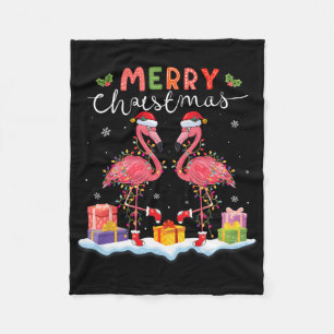 Merry Christmas Hat Santa Flamingo Light Christmas Fleece Blanket