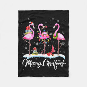 Merry Christmas Hat Santa Flamingo Light Christmas Fleece Blanket
