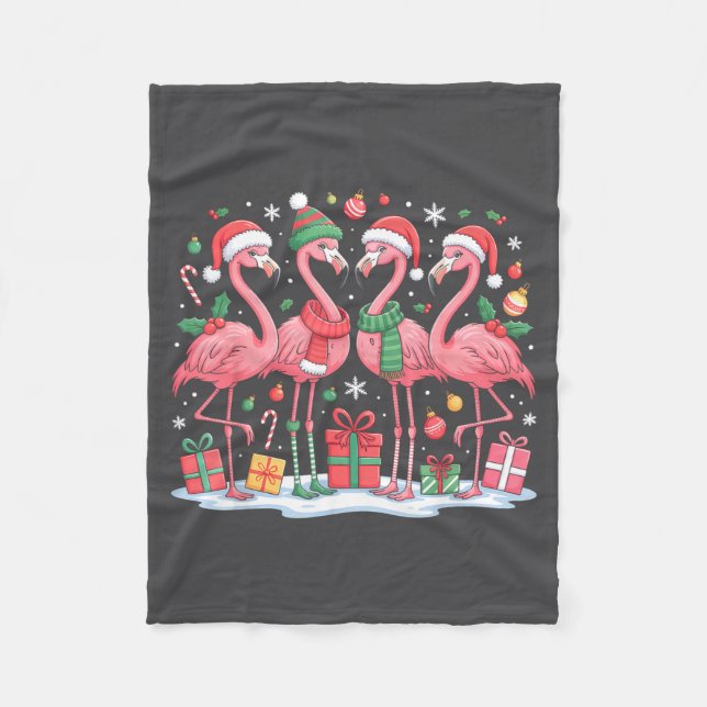 Merry Christmas Hat Santa Flamingo Light Christmas Fleece Blanket (Front)