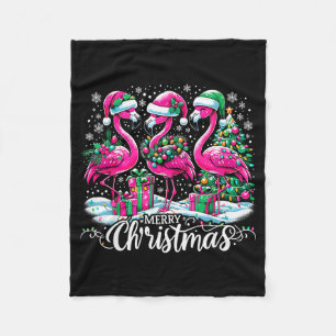 Merry Christmas Hat Santa Flamingo Light Christmas Fleece Blanket