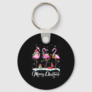Merry Christmas Hat Santa Flamingo Light Christmas Keychain